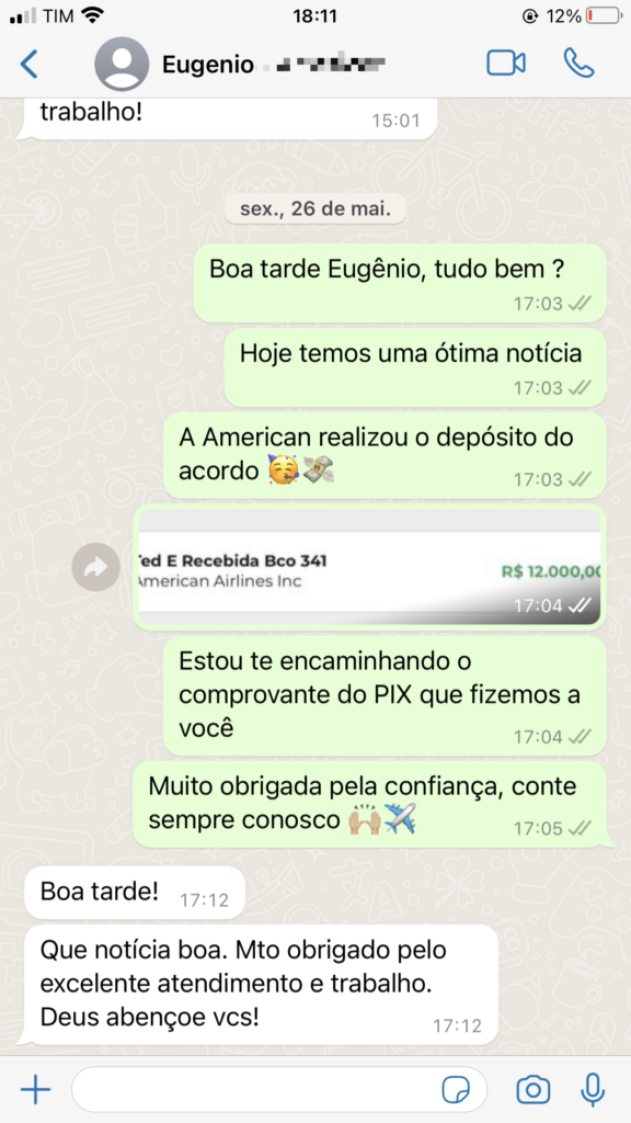 Resultado de indenização de voo cancelado - Cliente Eugenio