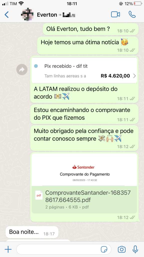 Resultado de indenização de voo cancelado - Cliente Everton
