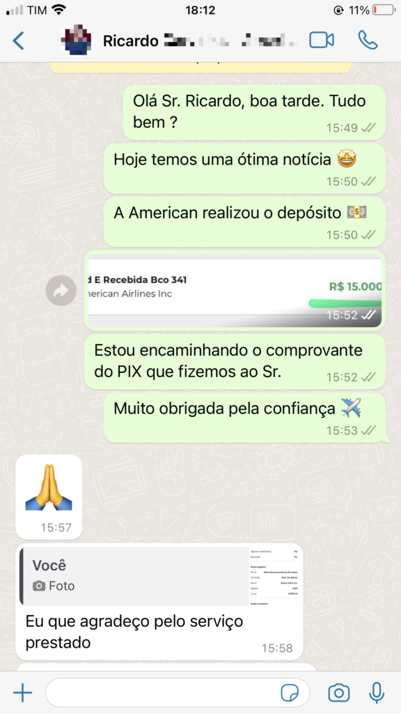 Resultado de indenização de voo cancelado - Cliente Ricardo