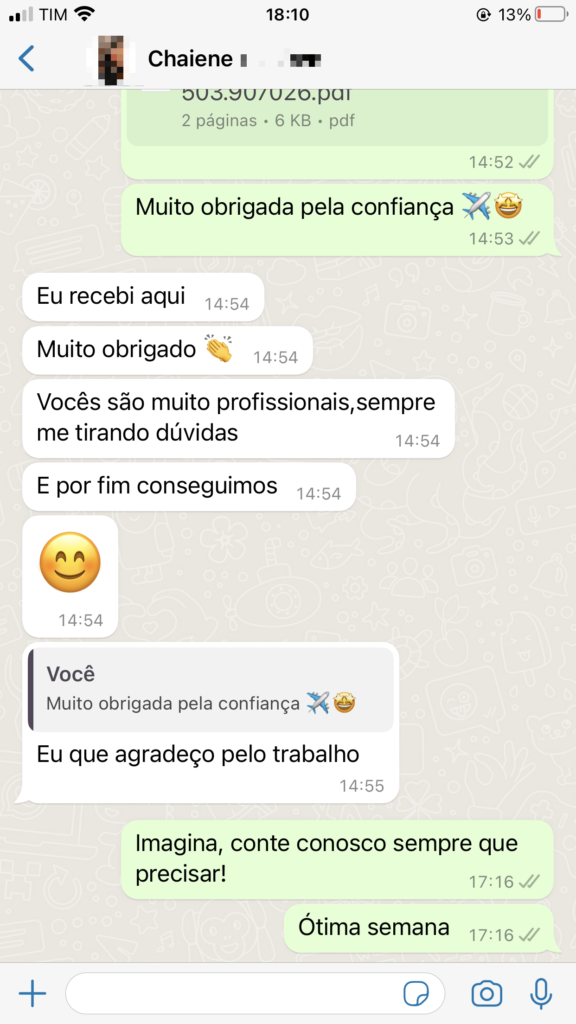 Resultado de indenização de voo cancelado - Cliente Chaiene