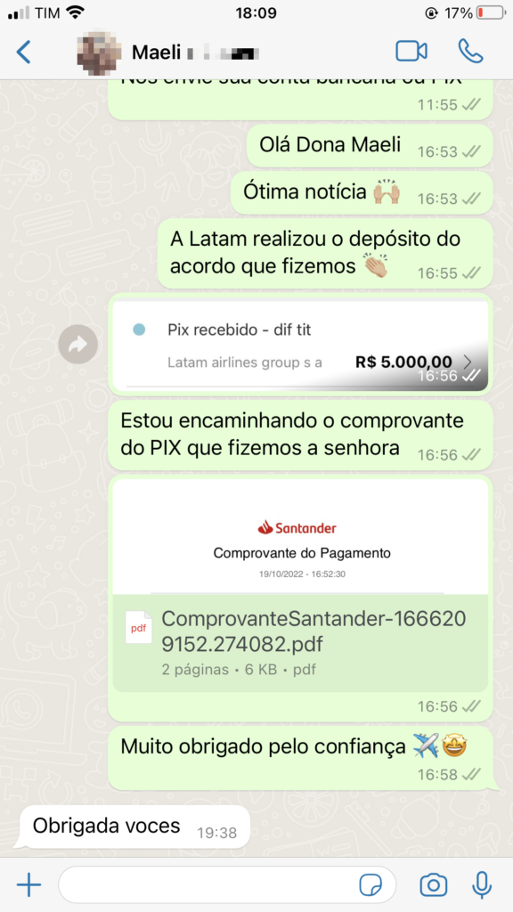 Resultado de indenização de voo cancelado - Cliente Maeli