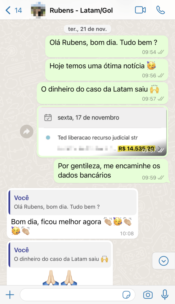 Resultado de indenização de voo cancelado - Cliente Rubens